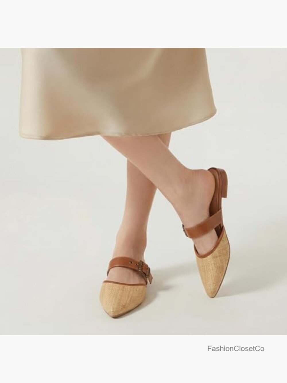 Natural Raffia Woven Pointed Toe Mule Flats with Adjustable Buckle - Picture 6 of 7